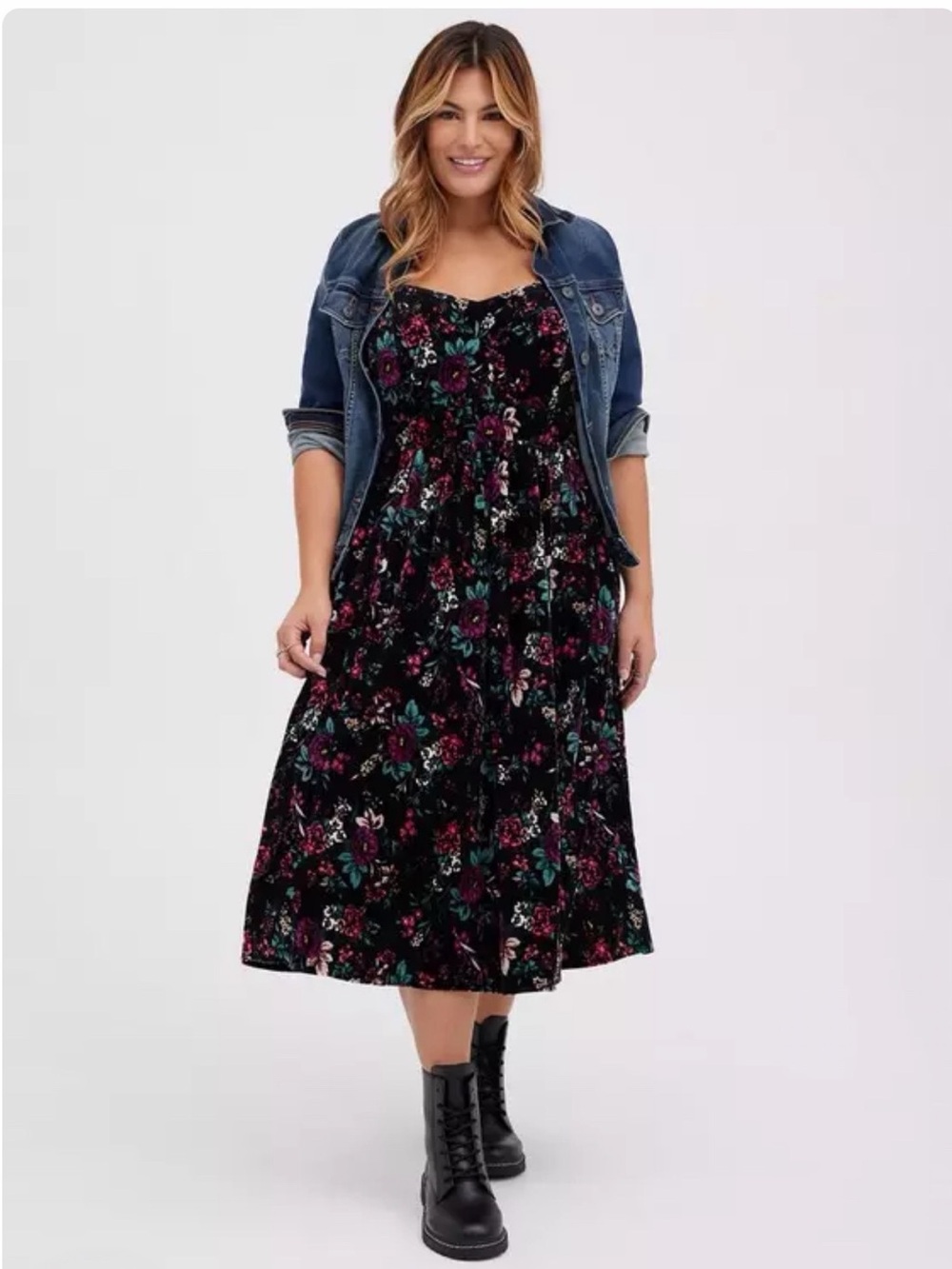 Torrid Midi Floral Adjustable Spaghetti Strap Velvet Skater Dress Size 22/24